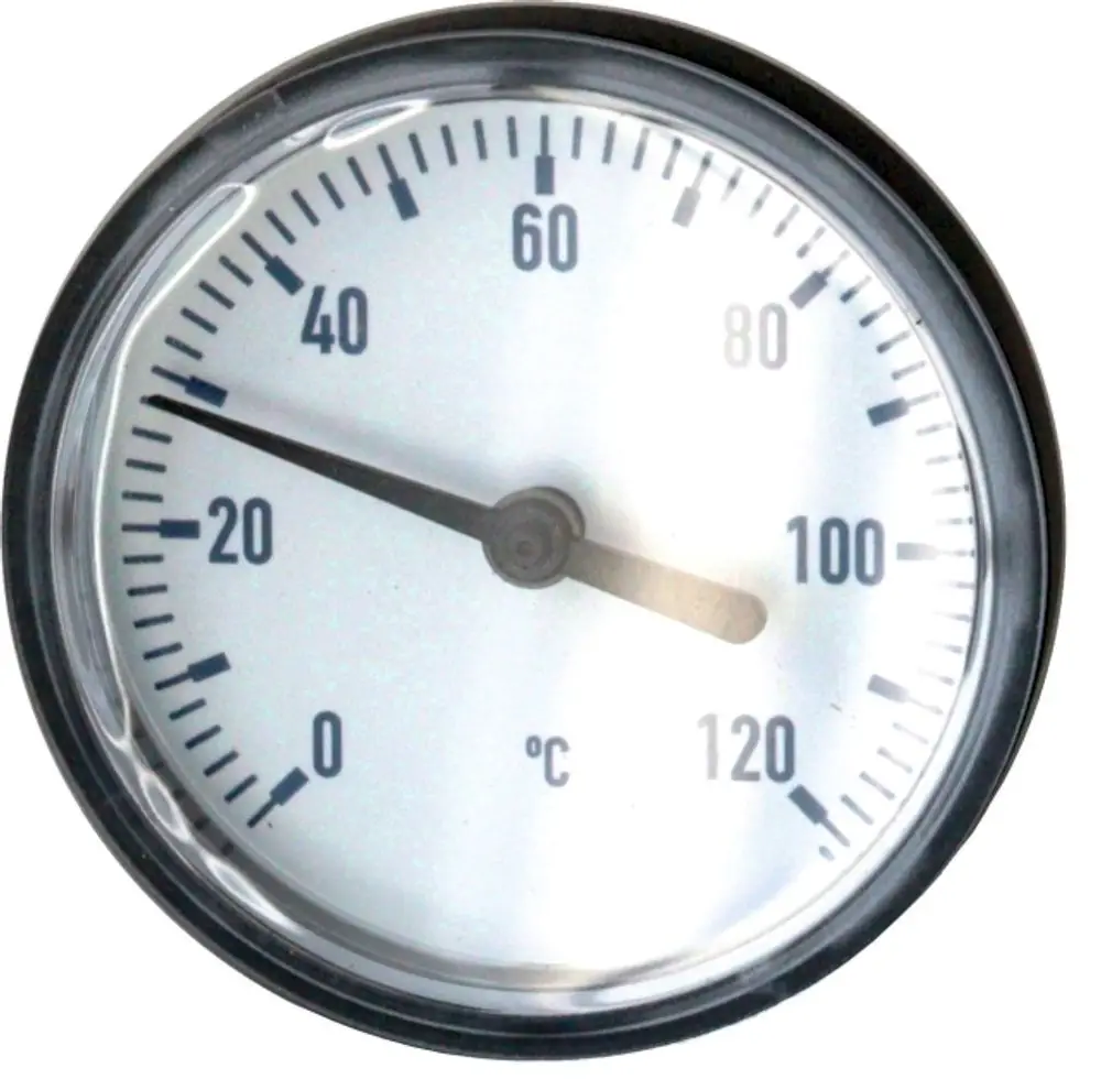 Thermometer mit blauen Markierungen und einer Skala von 0 bis 120 °C, hergestellt von Wolf. Zeiger zeigt die Temperatur auf dem weißen Ziffernblatt an.